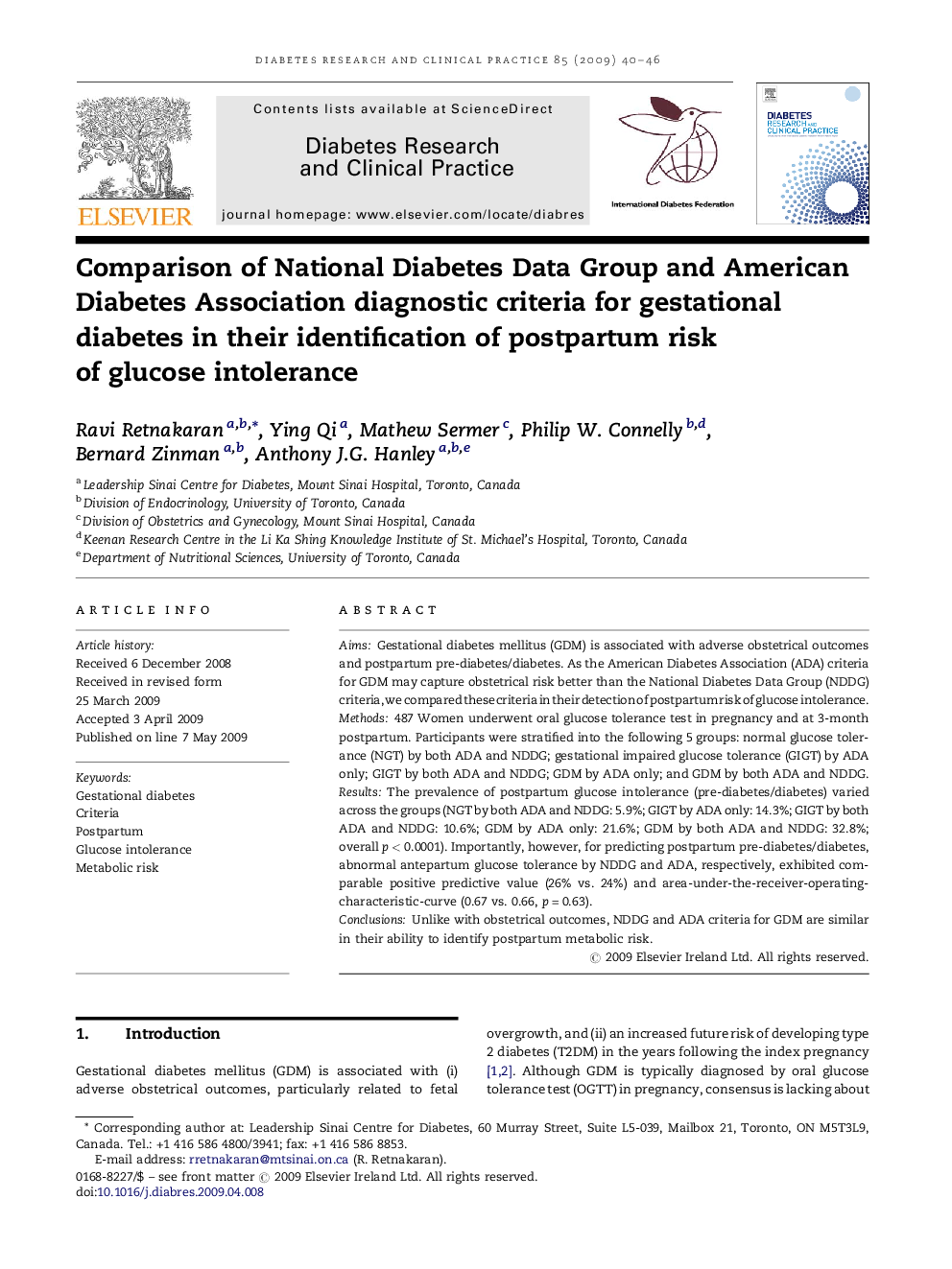 Comparison of National Diabetes Data Group and American Diabetes Association diagnostic criteria for gestational diabetes in their identification of postpartum risk of glucose intolerance