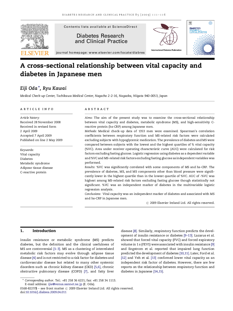 A cross-sectional relationship between vital capacity and diabetes in Japanese men