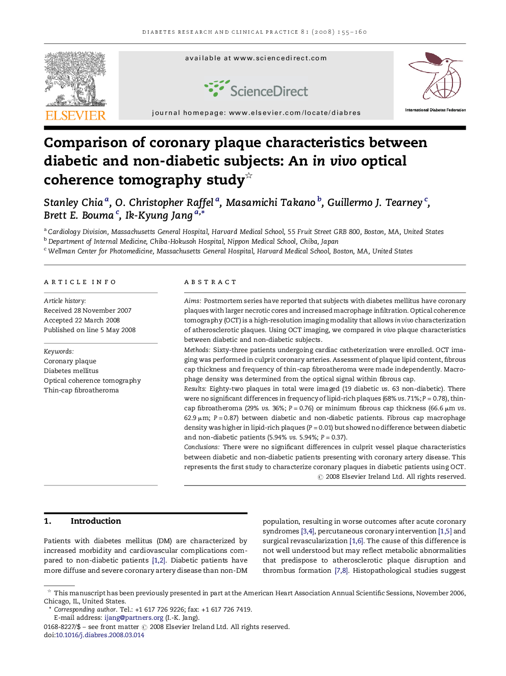 Comparison of coronary plaque characteristics between diabetic and non-diabetic subjects: An in vivo optical coherence tomography study 