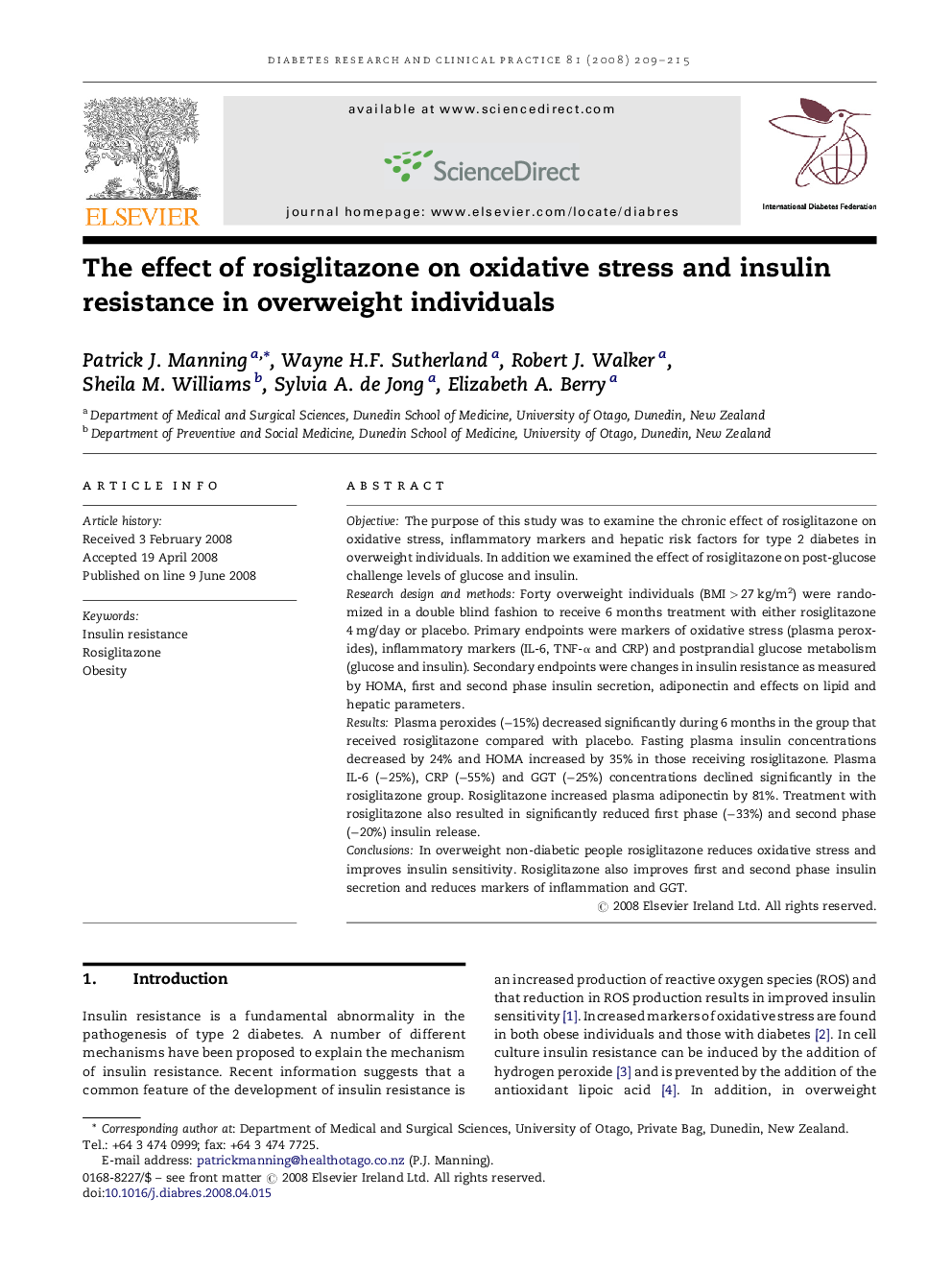 The effect of rosiglitazone on oxidative stress and insulin resistance in overweight individuals