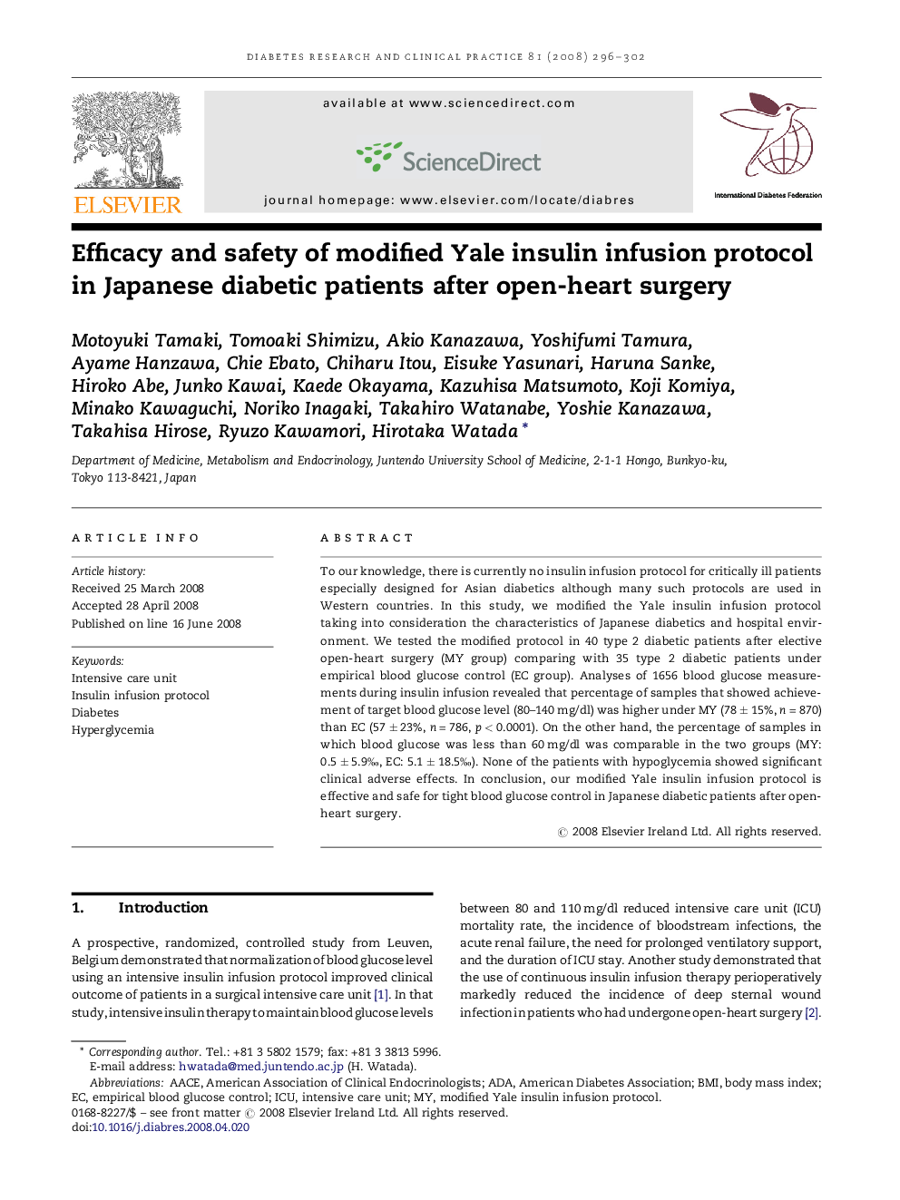 Efficacy and safety of modified Yale insulin infusion protocol in Japanese diabetic patients after open-heart surgery
