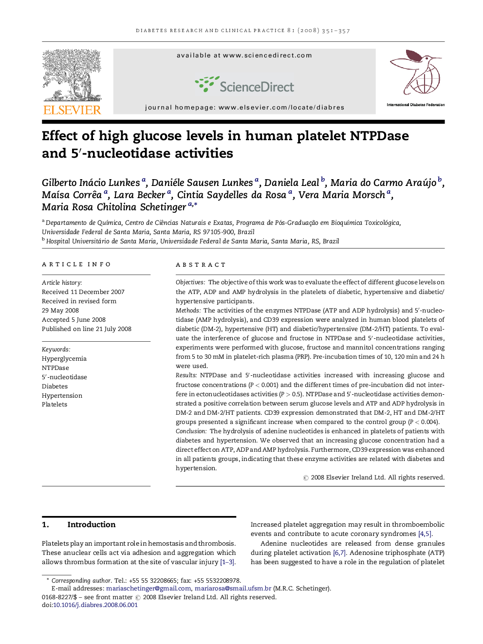 Effect of high glucose levels in human platelet NTPDase and 5′-nucleotidase activities