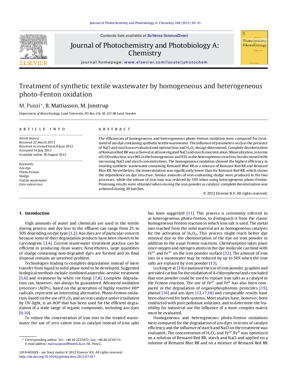 عکس صفحه اول مقاله: Treatment of synthetic textile wastewater by homogeneous and heterogeneous photo-Fenton oxidation Treatment of synthetic textile wastewater by homogeneous and heterogeneous photo-Fenton oxidation