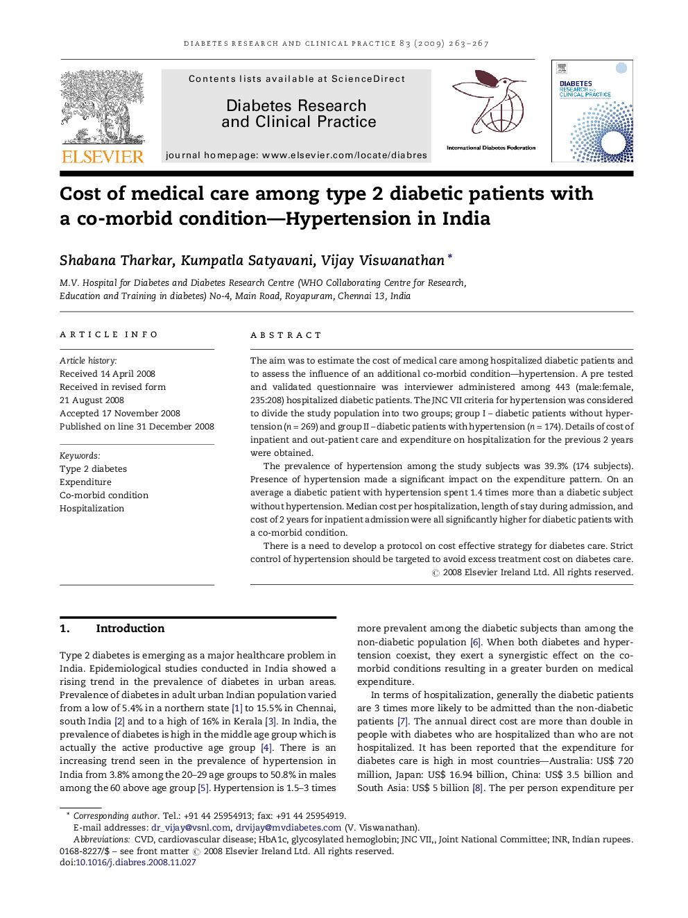 Cost of medical care among type 2 diabetic patients with a co-morbid condition—Hypertension in India