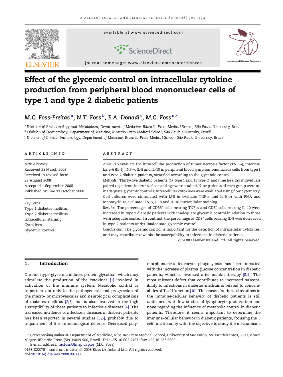 Effect of the glycemic control on intracellular cytokine production from peripheral blood mononuclear cells of type 1 and type 2 diabetic patients