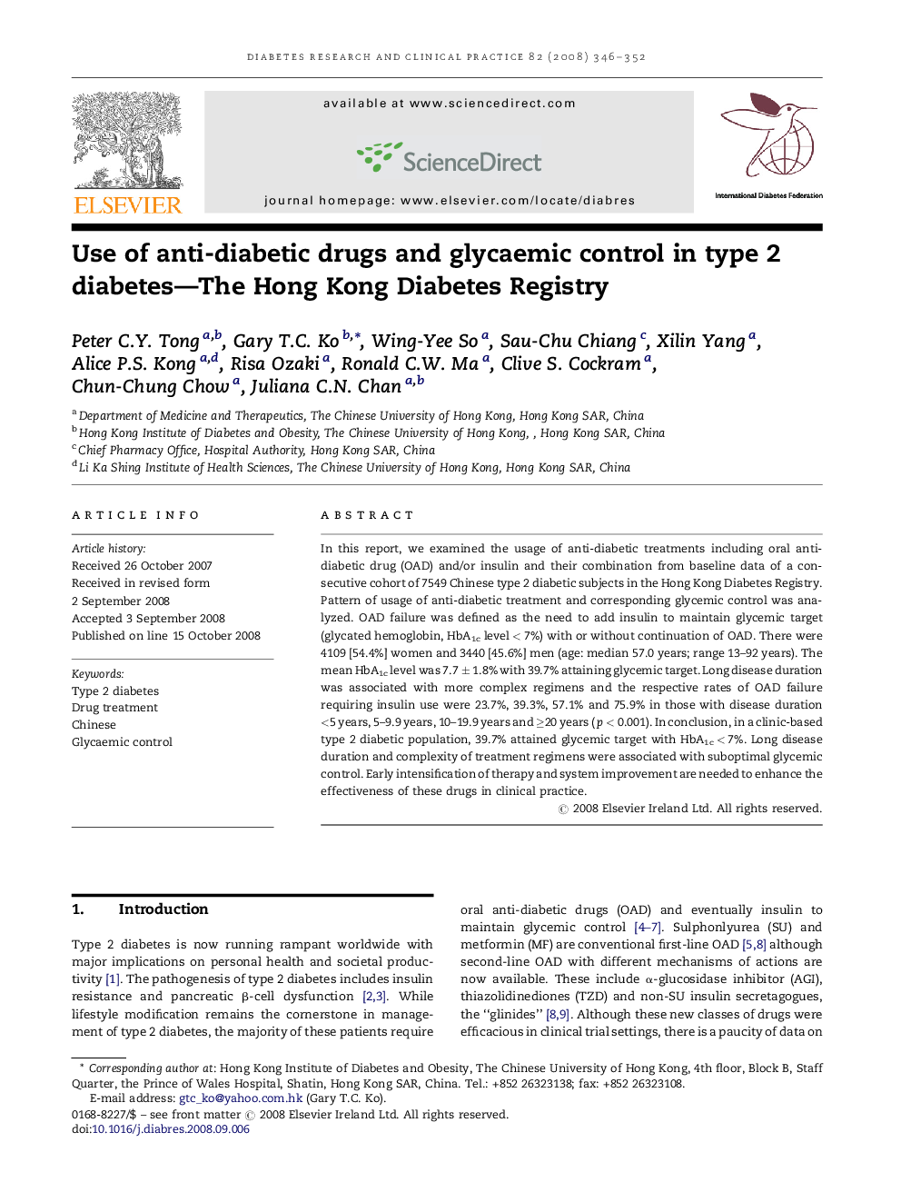 Use of anti-diabetic drugs and glycaemic control in type 2 diabetes—The Hong Kong Diabetes Registry