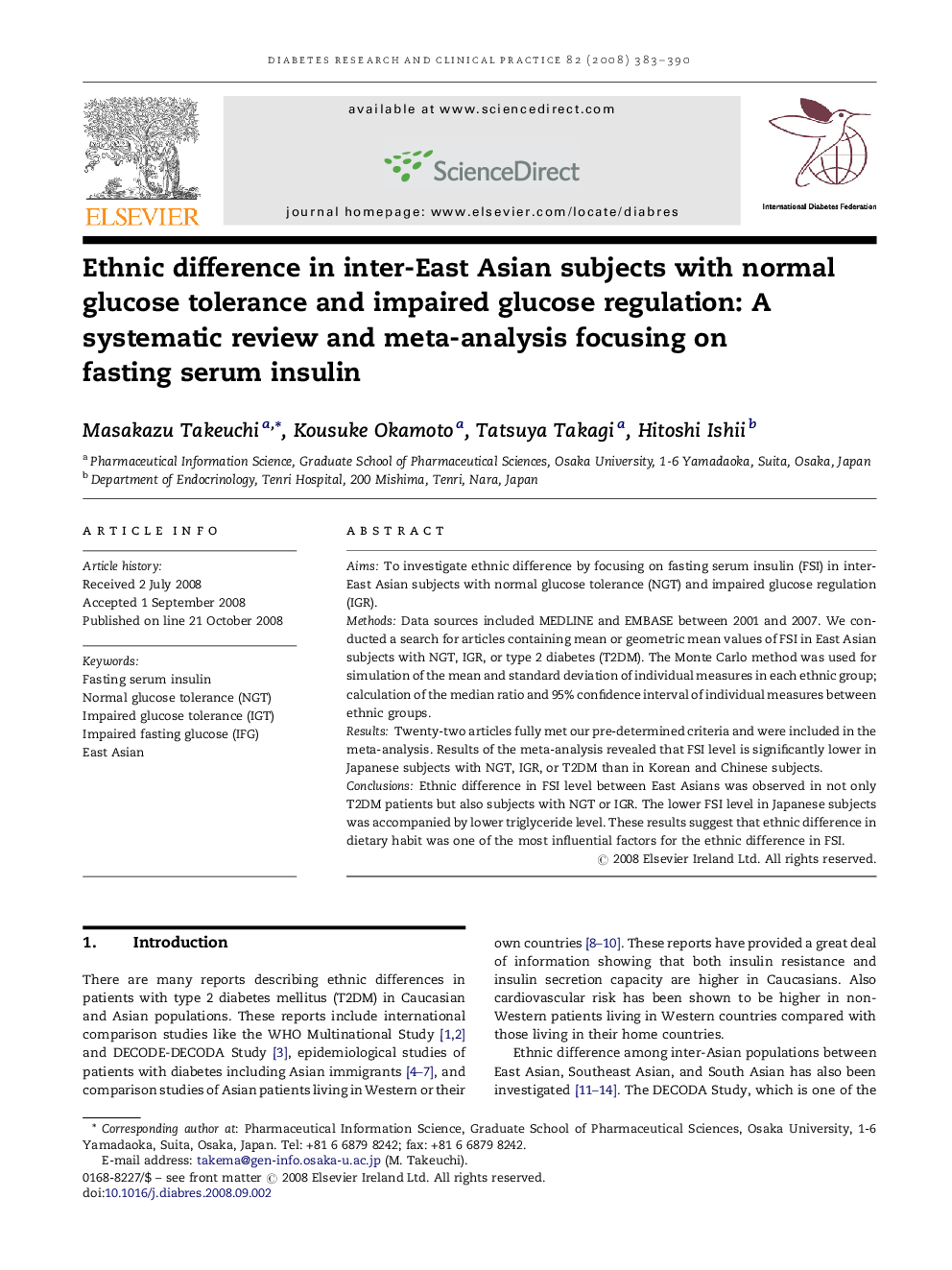 Ethnic difference in inter-East Asian subjects with normal glucose tolerance and impaired glucose regulation: A systematic review and meta-analysis focusing on fasting serum insulin