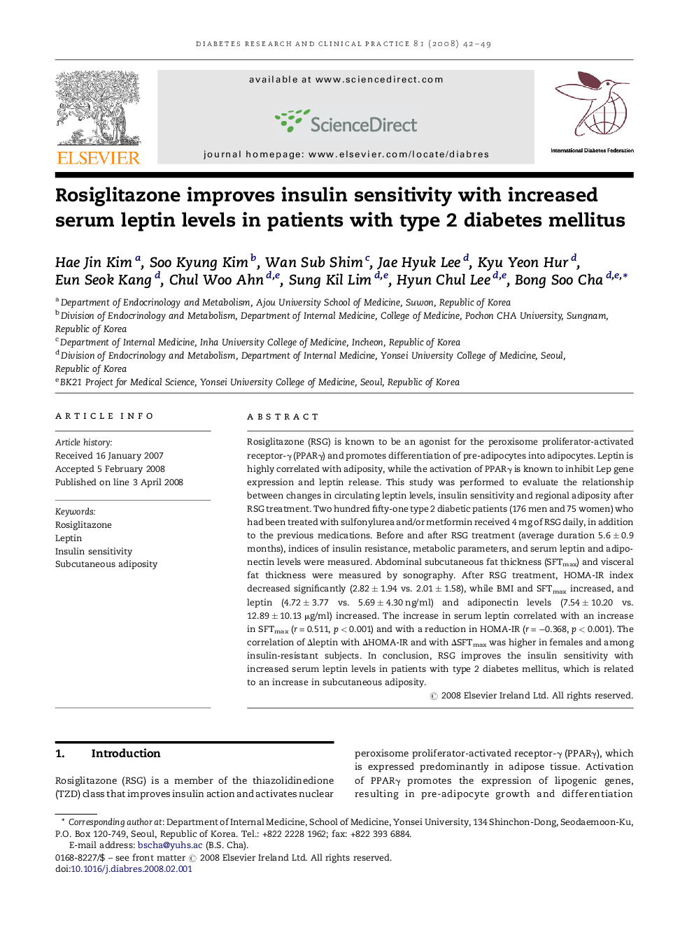 Rosiglitazone improves insulin sensitivity with increased serum leptin levels in patients with type 2 diabetes mellitus