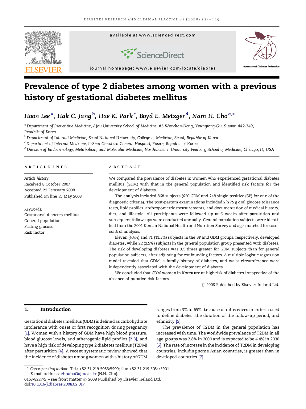 Prevalence of type 2 diabetes among women with a previous history of gestational diabetes mellitus