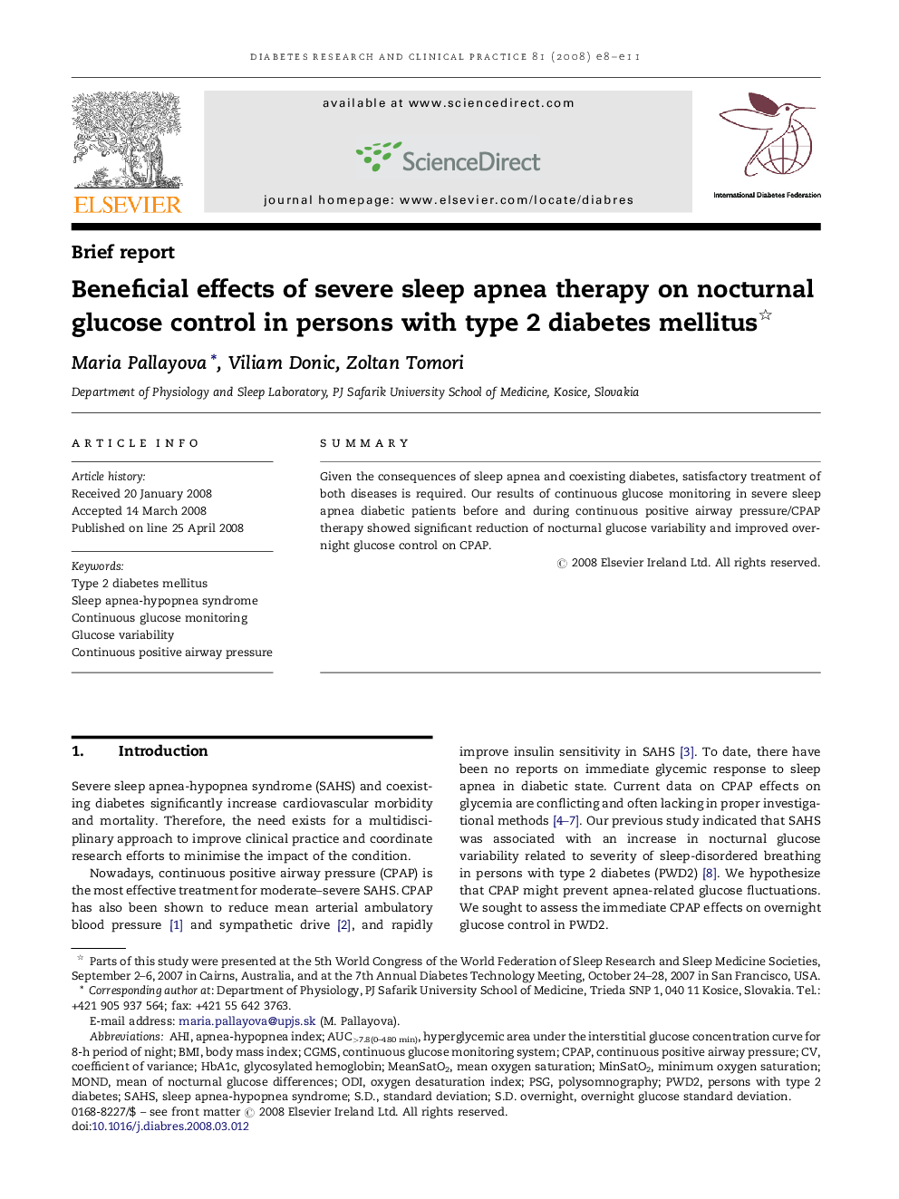 Beneficial effects of severe sleep apnea therapy on nocturnal glucose control in persons with type 2 diabetes mellitus 