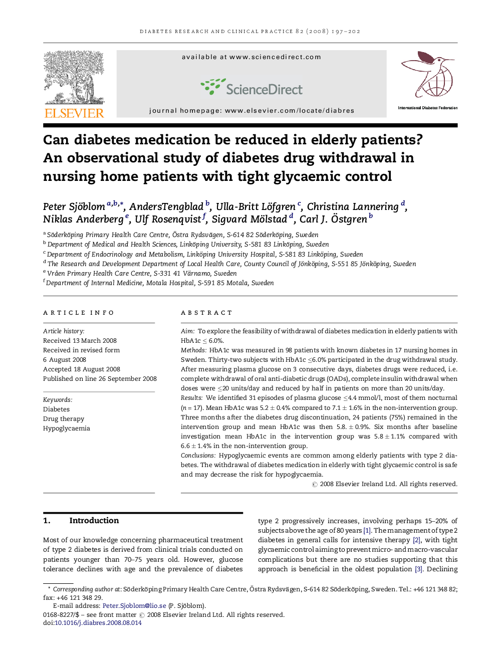 Can diabetes medication be reduced in elderly patients?: An observational study of diabetes drug withdrawal in nursing home patients with tight glycaemic control