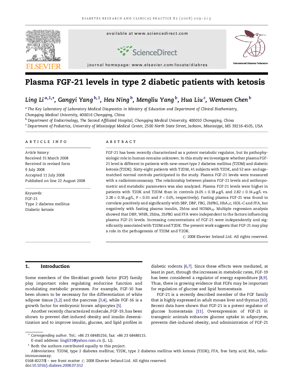 Plasma FGF-21 levels in type 2 diabetic patients with ketosis