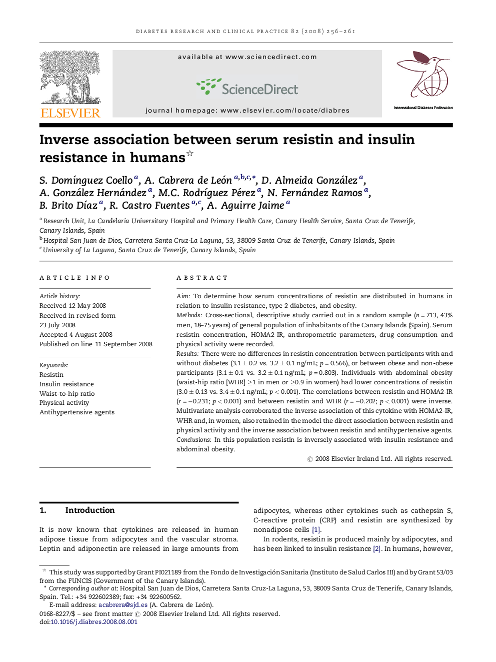 Inverse association between serum resistin and insulin resistance in humans 