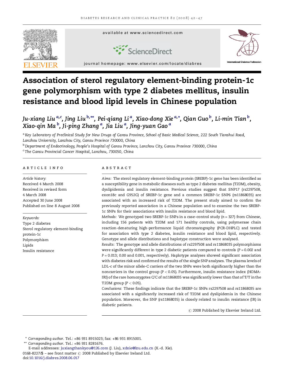 Association of sterol regulatory element-binding protein-1c gene polymorphism with type 2 diabetes mellitus, insulin resistance and blood lipid levels in Chinese population