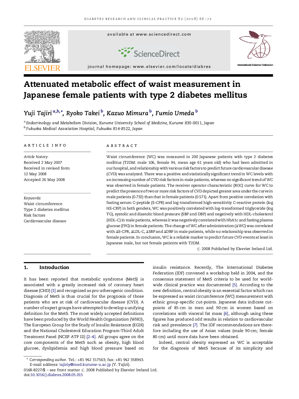 Attenuated metabolic effect of waist measurement in Japanese female patients with type 2 diabetes mellitus