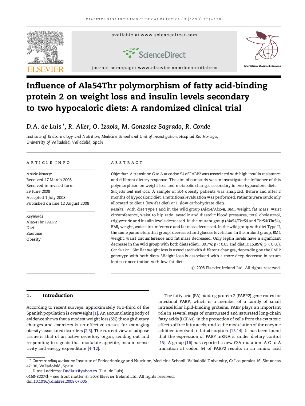 Influence of Ala54Thr polymorphism of fatty acid-binding protein 2 on weight loss and insulin levels secondary to two hypocaloric diets: A randomized clinical trial