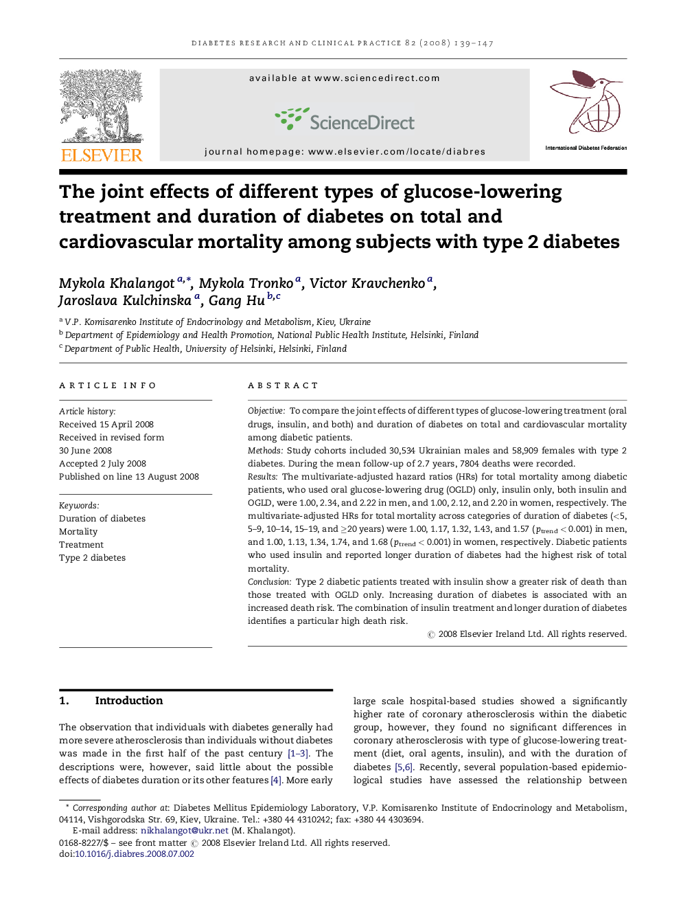 The joint effects of different types of glucose-lowering treatment and duration of diabetes on total and cardiovascular mortality among subjects with type 2 diabetes