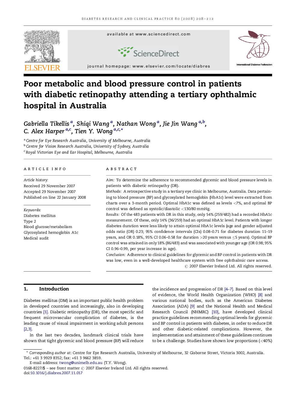 Poor metabolic and blood pressure control in patients with diabetic retinopathy attending a tertiary ophthalmic hospital in Australia