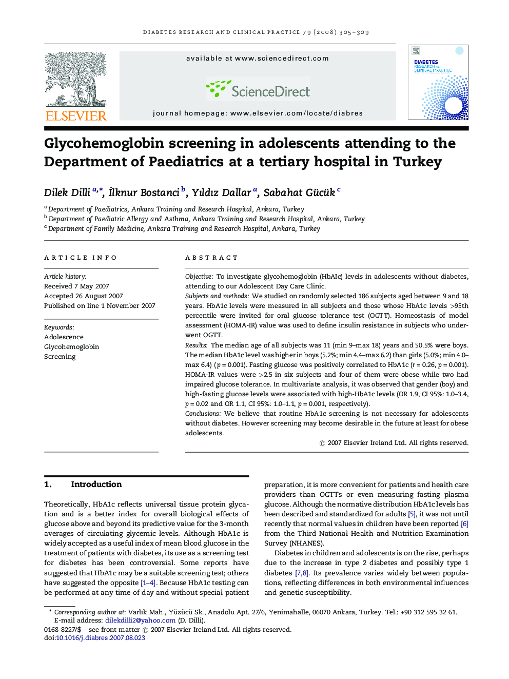 Glycohemoglobin screening in adolescents attending to the Department of Paediatrics at a tertiary hospital in Turkey