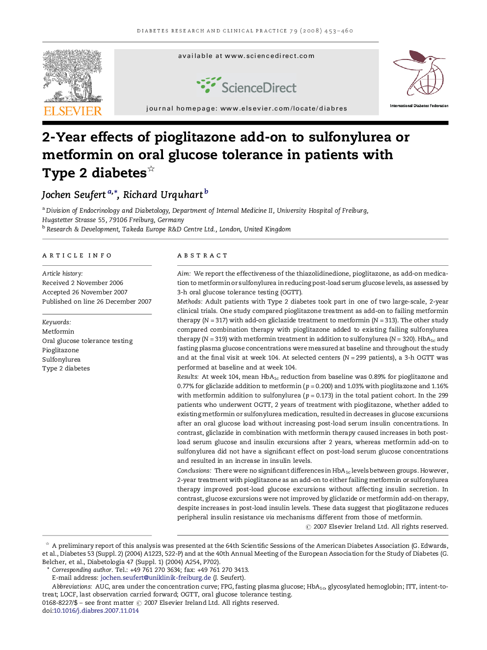 2-Year effects of pioglitazone add-on to sulfonylurea or metformin on oral glucose tolerance in patients with Type 2 diabetes 