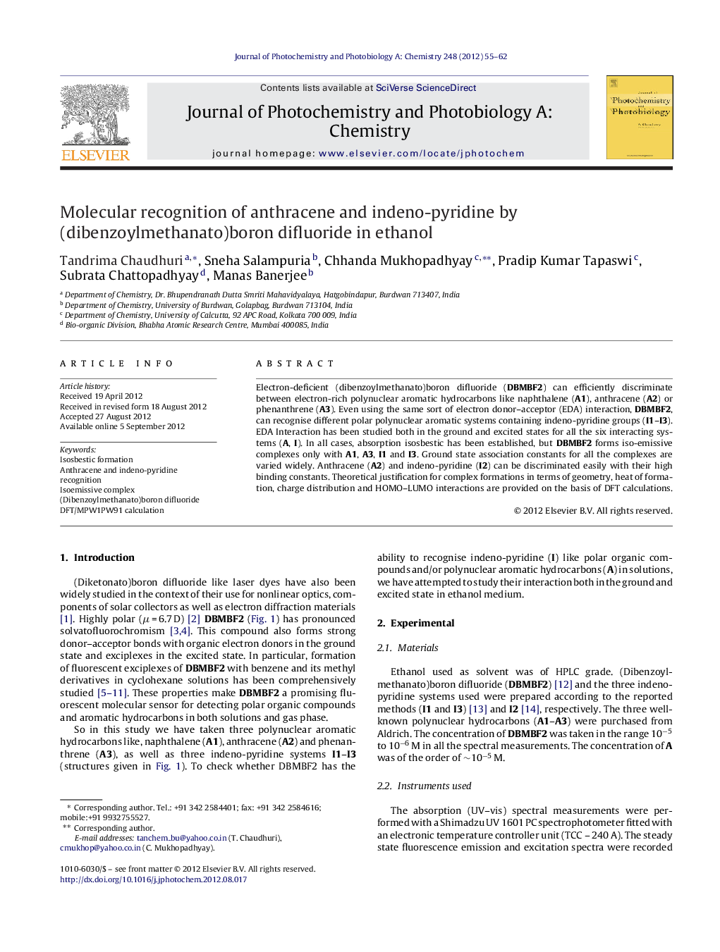 Molecular recognition of anthracene and indeno-pyridine by (dibenzoylmethanato)boron difluoride in ethanol