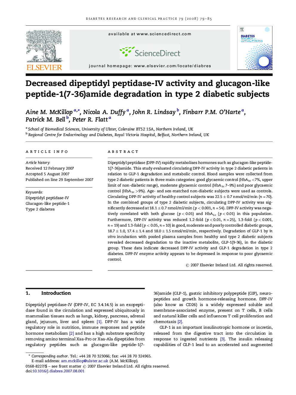 Decreased dipeptidyl peptidase-IV activity and glucagon-like peptide-1(7-36)amide degradation in type 2 diabetic subjects