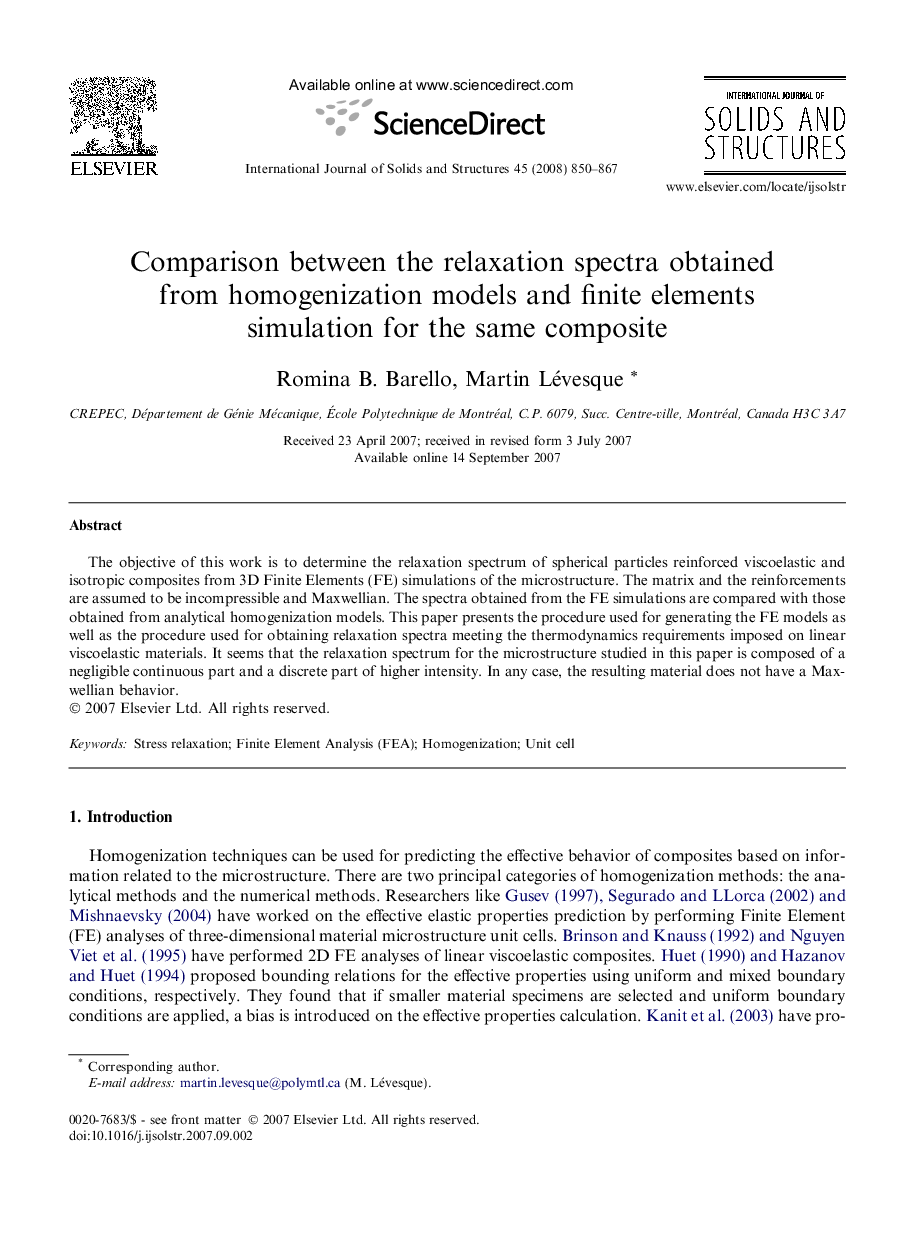 Comparison between the relaxation spectra obtained from homogenization models and finite elements simulation for the same composite