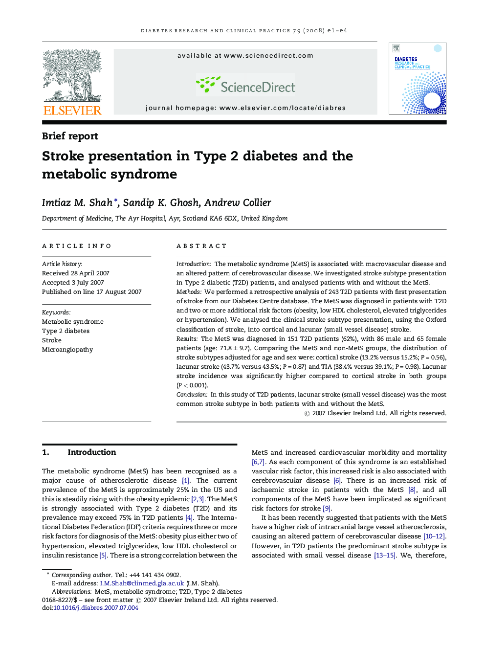 Stroke presentation in Type 2 diabetes and the metabolic syndrome