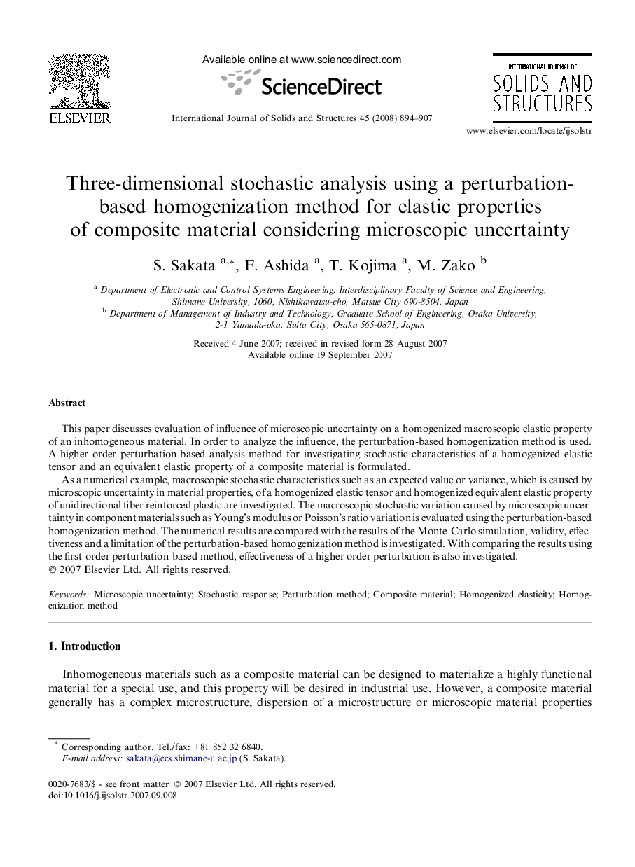 Three-dimensional stochastic analysis using a perturbation-based homogenization method for elastic properties of composite material considering microscopic uncertainty