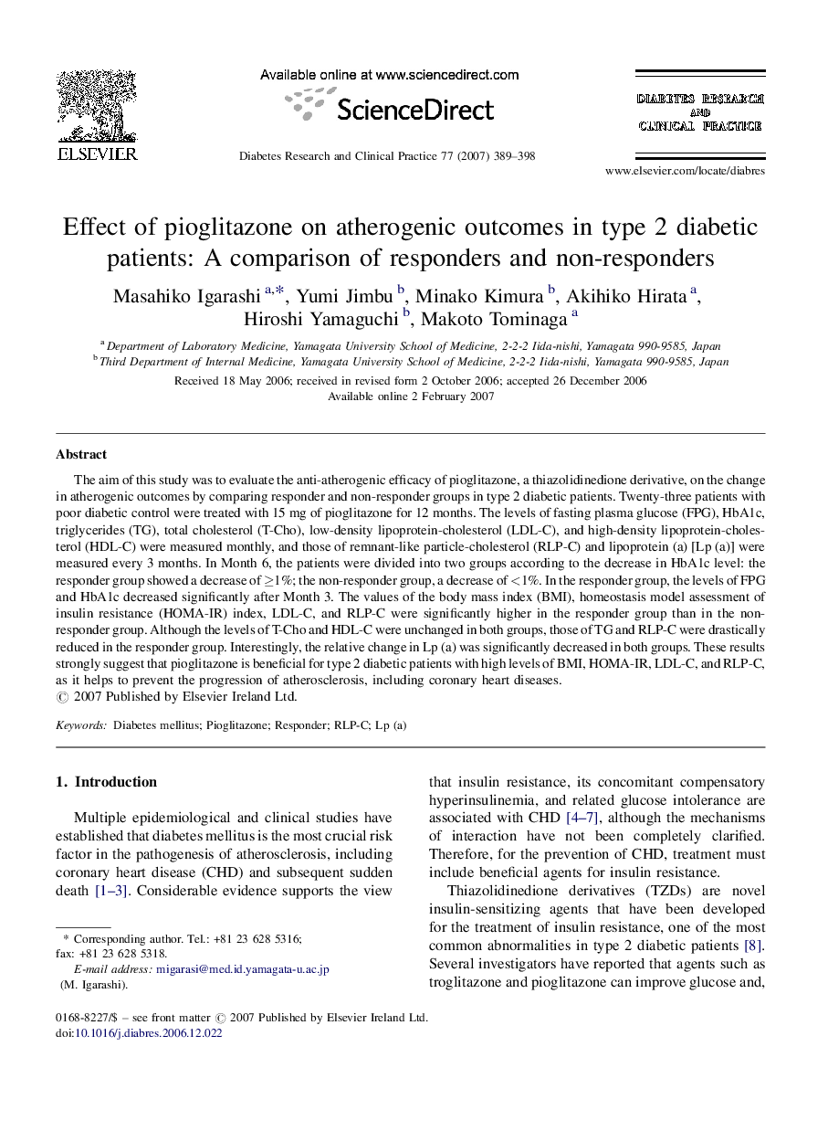 Effect of pioglitazone on atherogenic outcomes in type 2 diabetic patients: A comparison of responders and non-responders