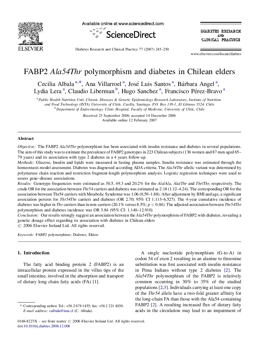 FABP2 Ala54Thr polymorphism and diabetes in Chilean elders