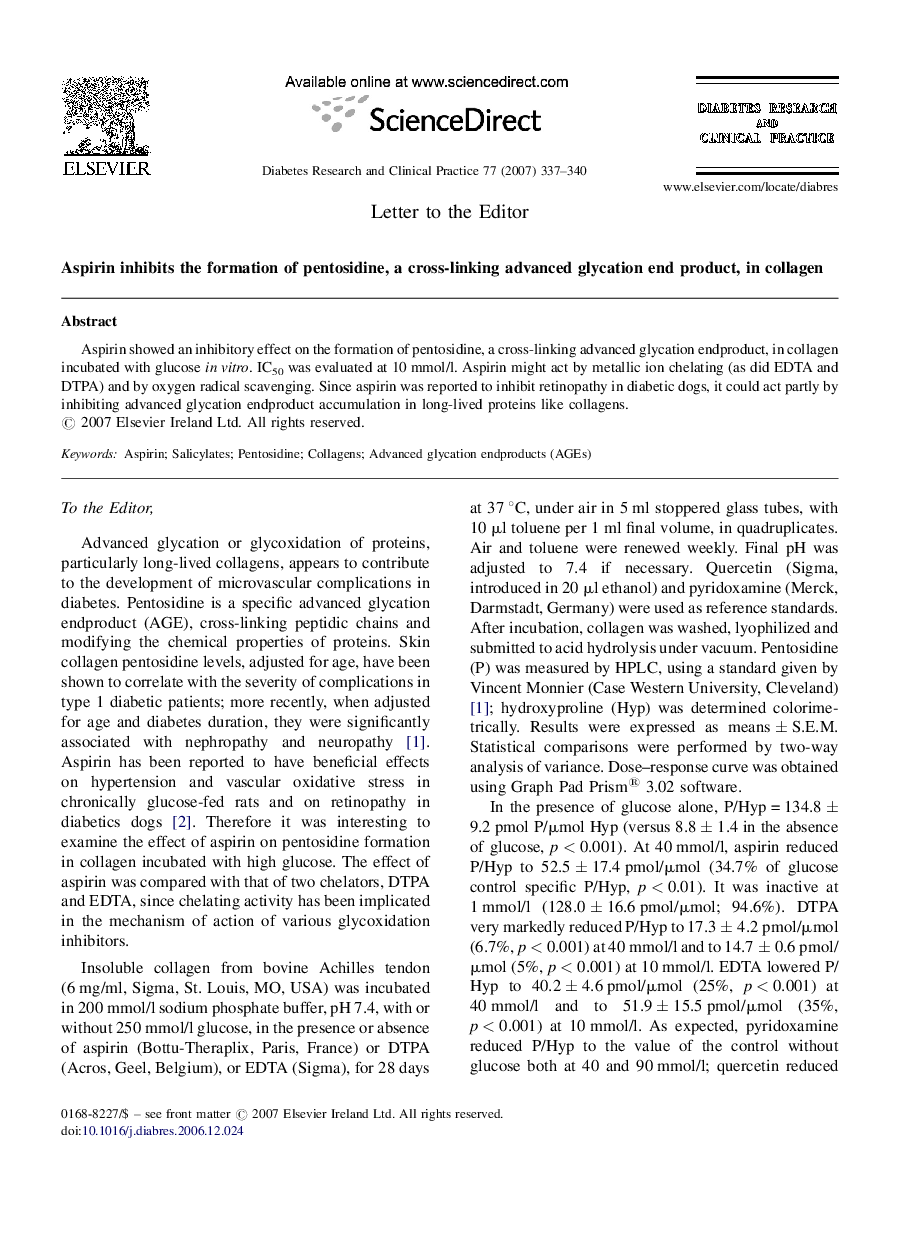 Aspirin inhibits the formation of pentosidine, a cross-linking advanced glycation end product, in collagen