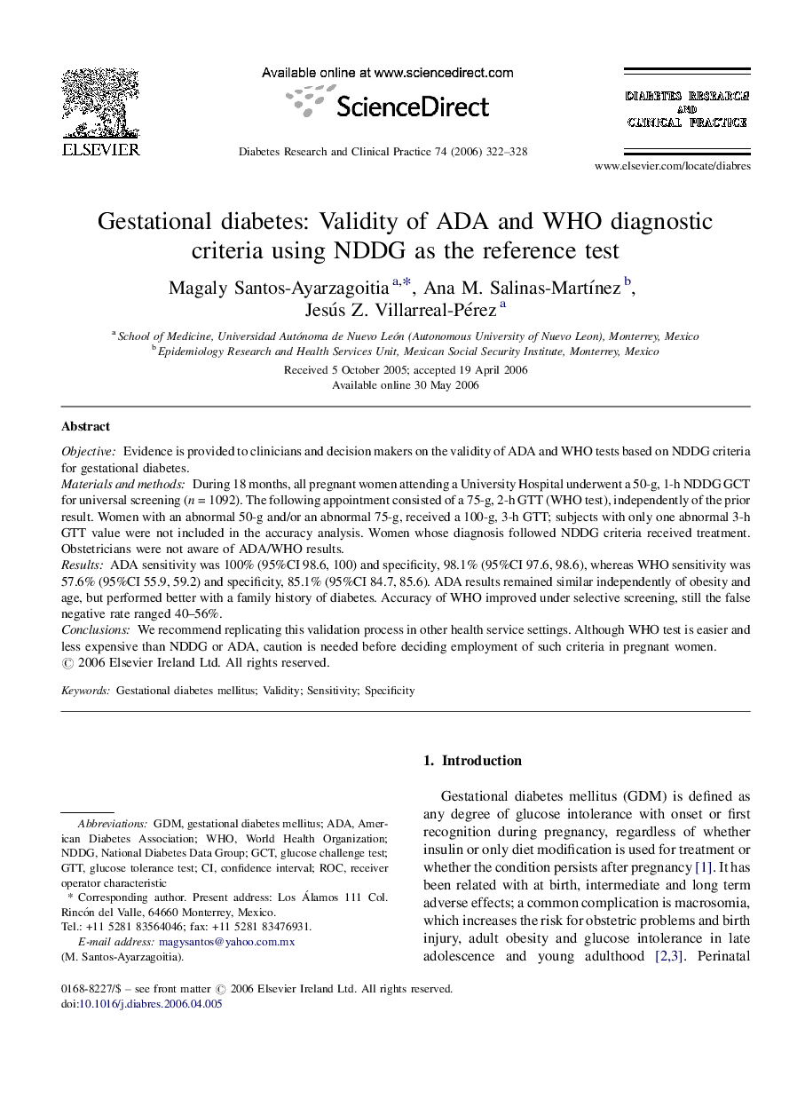 Gestational diabetes: Validity of ADA and WHO diagnostic criteria using NDDG as the reference test