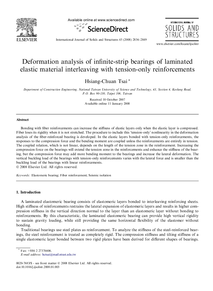 Deformation analysis of infinite-strip bearings of laminated elastic material interleaving with tension-only reinforcements