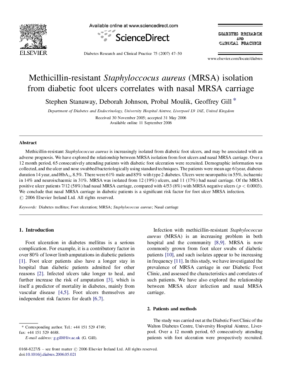 Methicillin-resistant Staphyloccocus aureus (MRSA) isolation from diabetic foot ulcers correlates with nasal MRSA carriage