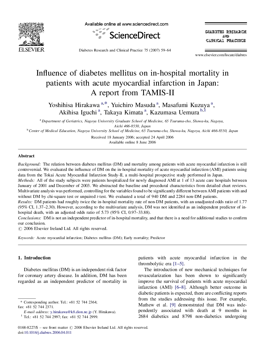 Influence of diabetes mellitus on in-hospital mortality in patients with acute myocardial infarction in Japan: A report from TAMIS-II