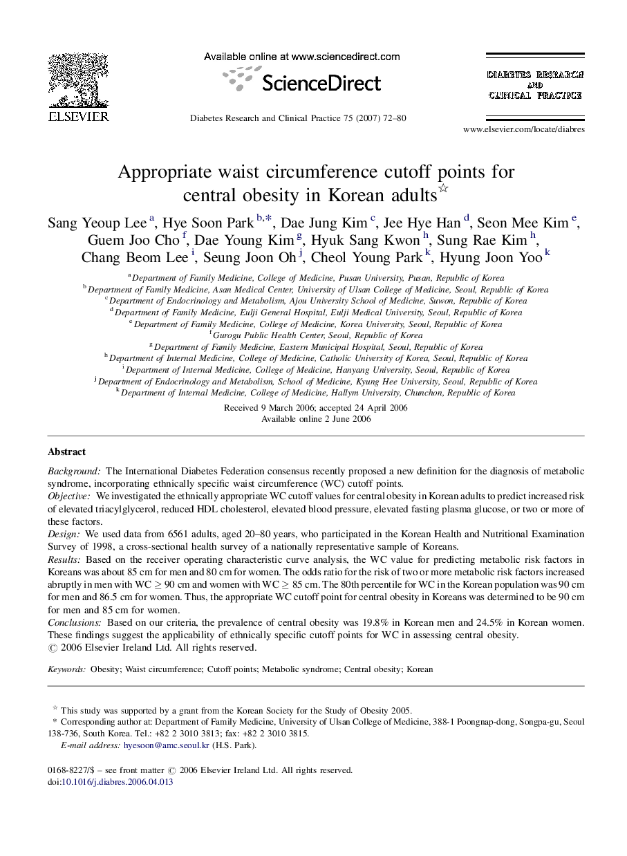 Appropriate waist circumference cutoff points for central obesity in Korean adults 