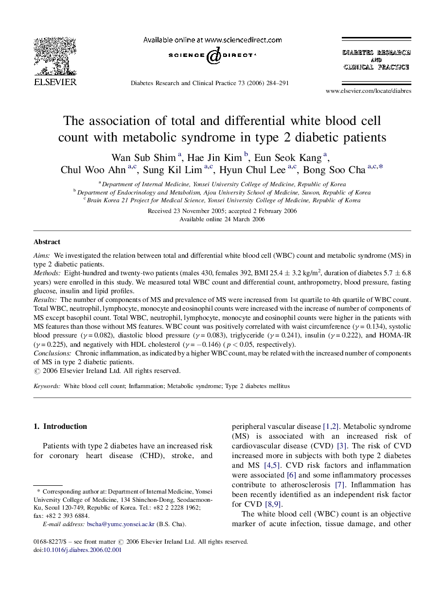 The association of total and differential white blood cell count with metabolic syndrome in type 2 diabetic patients