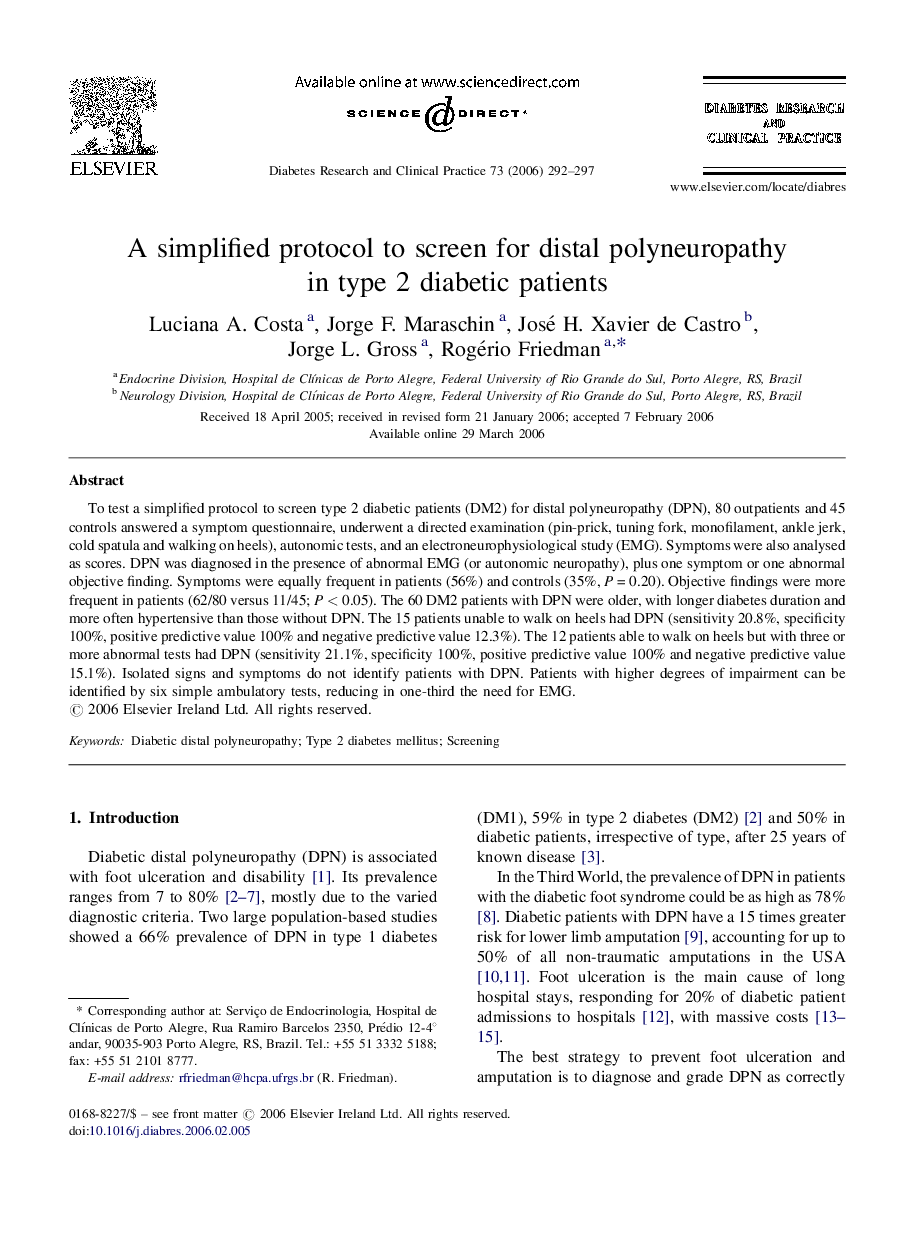 A simplified protocol to screen for distal polyneuropathy in type 2 diabetic patients