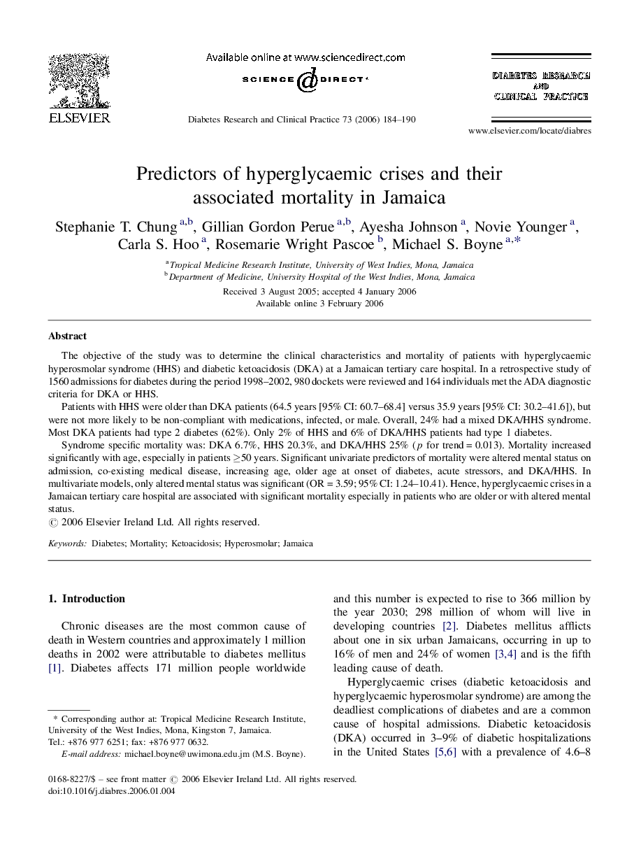 Predictors of hyperglycaemic crises and their associated mortality in Jamaica