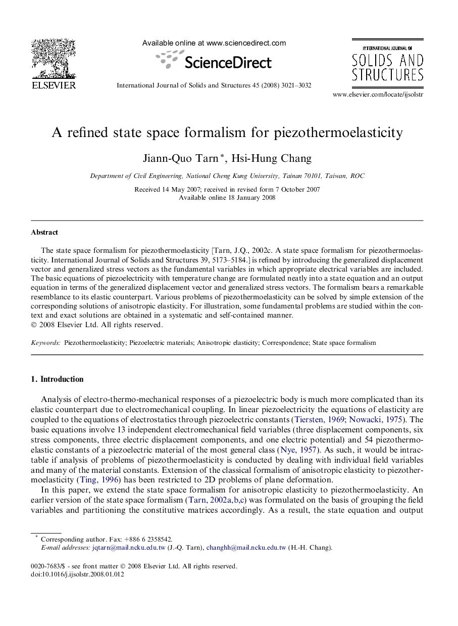 A refined state space formalism for piezothermoelasticity