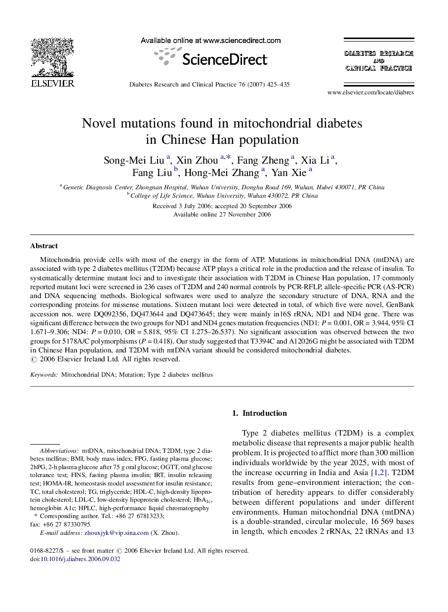 Novel mutations found in mitochondrial diabetes in Chinese Han population