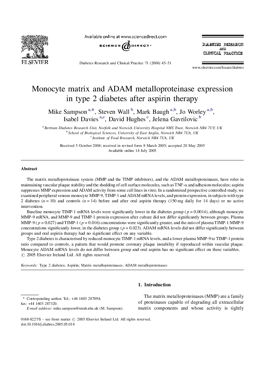 Monocyte matrix and ADAM metalloproteinase expression in type 2 diabetes after aspirin therapy