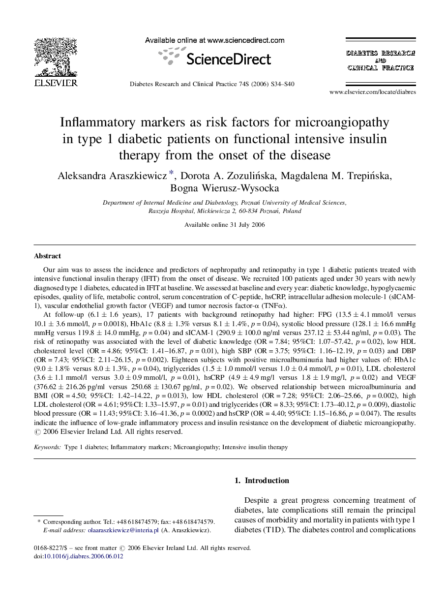 Inflammatory markers as risk factors for microangiopathy in type 1 diabetic patients on functional intensive insulin therapy from the onset of the disease