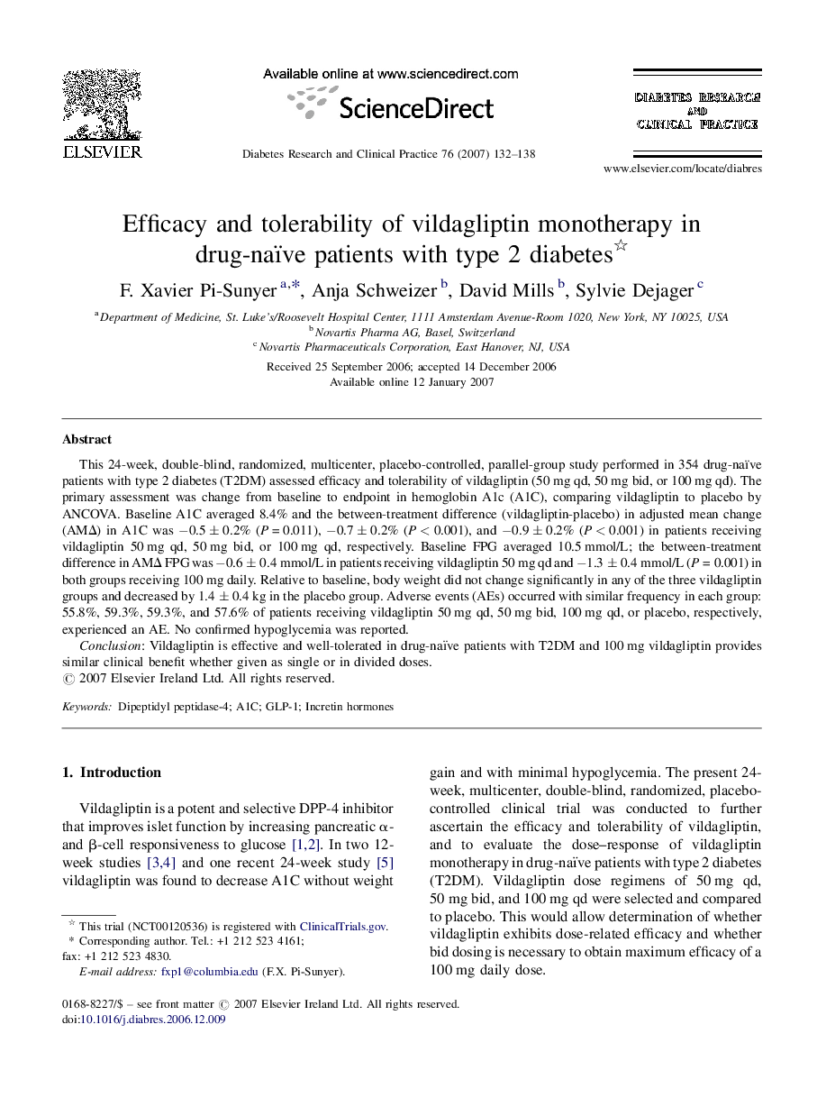 Efficacy and tolerability of vildagliptin monotherapy in drug-naïve patients with type 2 diabetes 