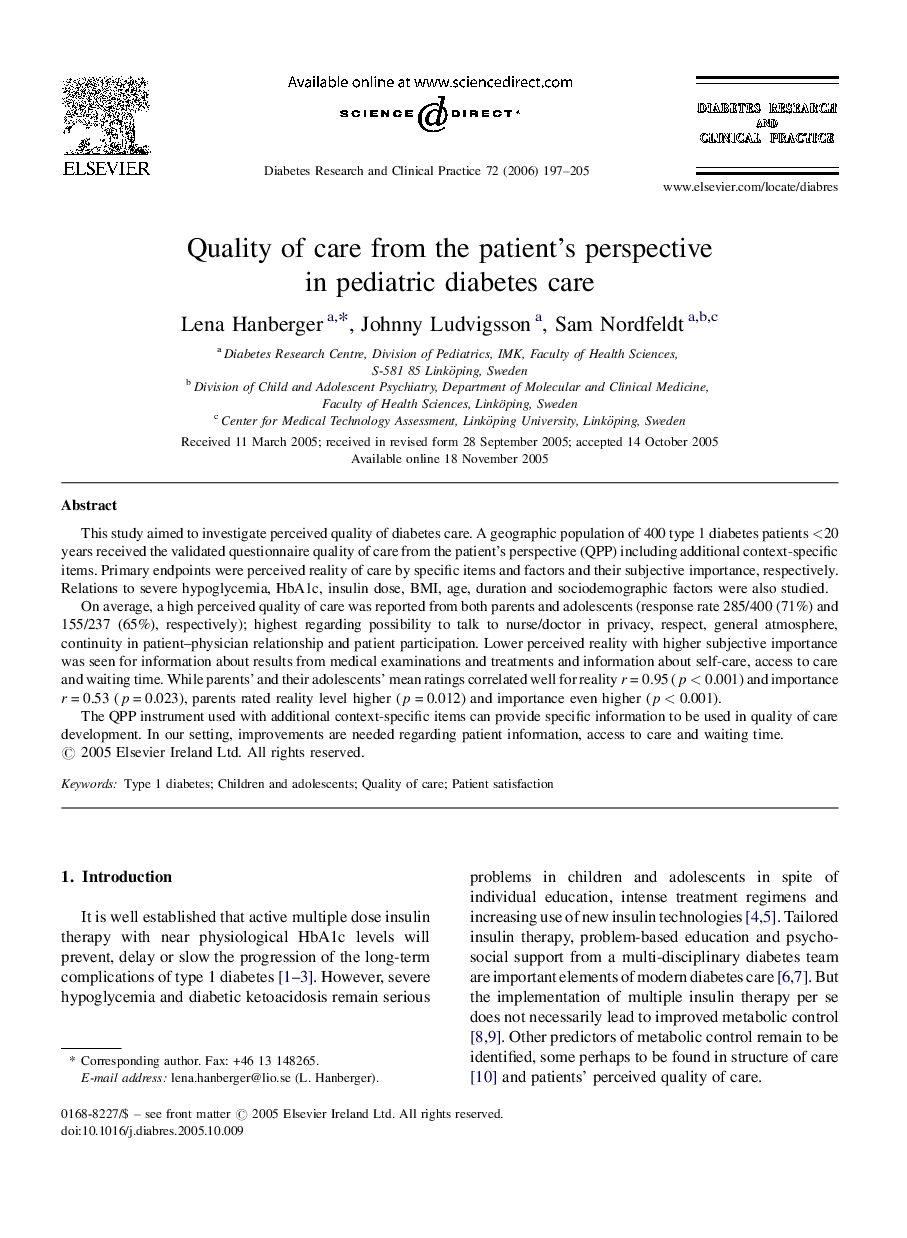 Quality of care from the patient's perspective in pediatric diabetes care