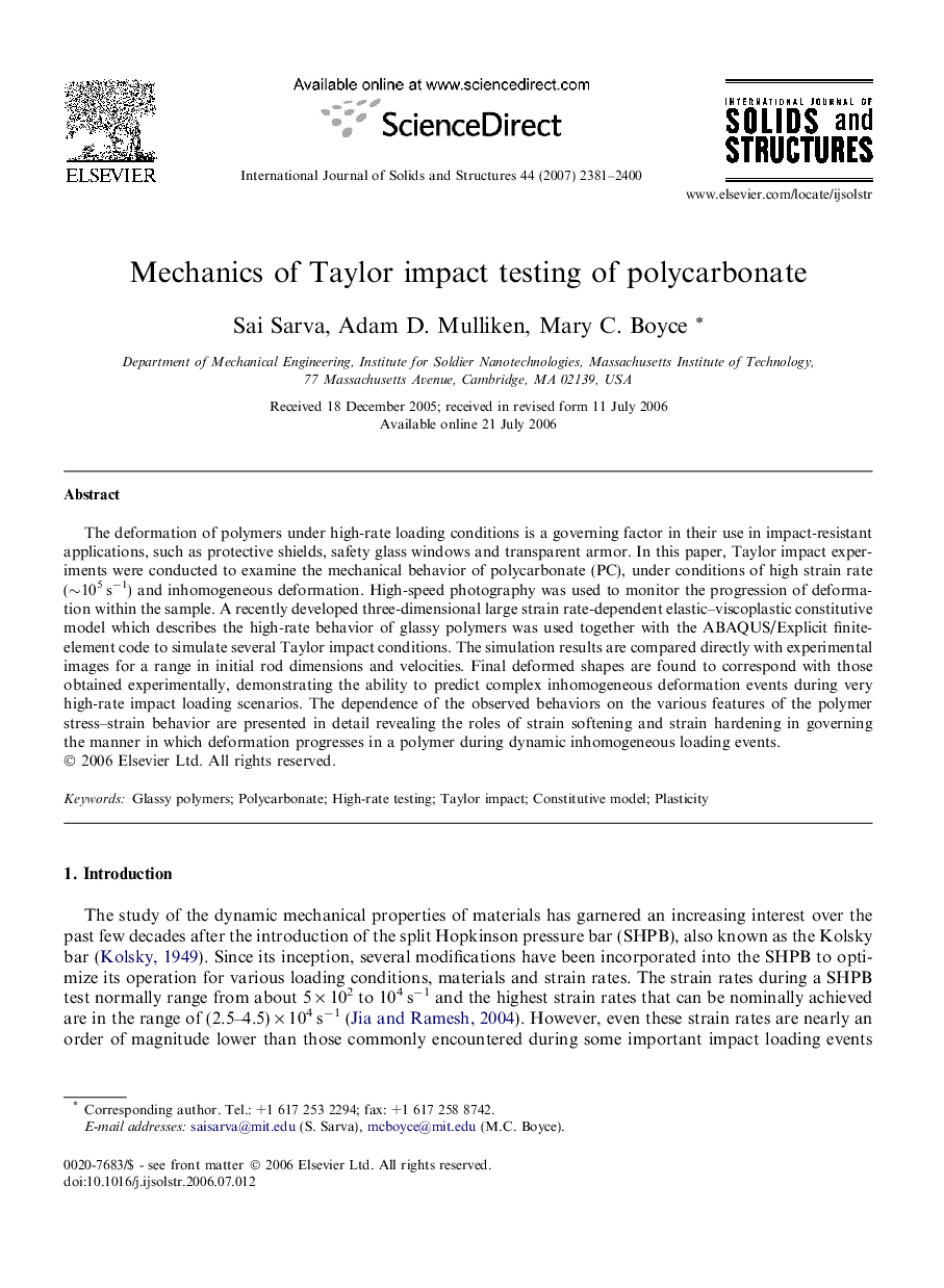 Mechanics of Taylor impact testing of polycarbonate