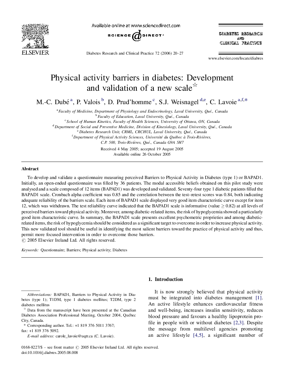 Physical activity barriers in diabetes: Development and validation of a new scale 