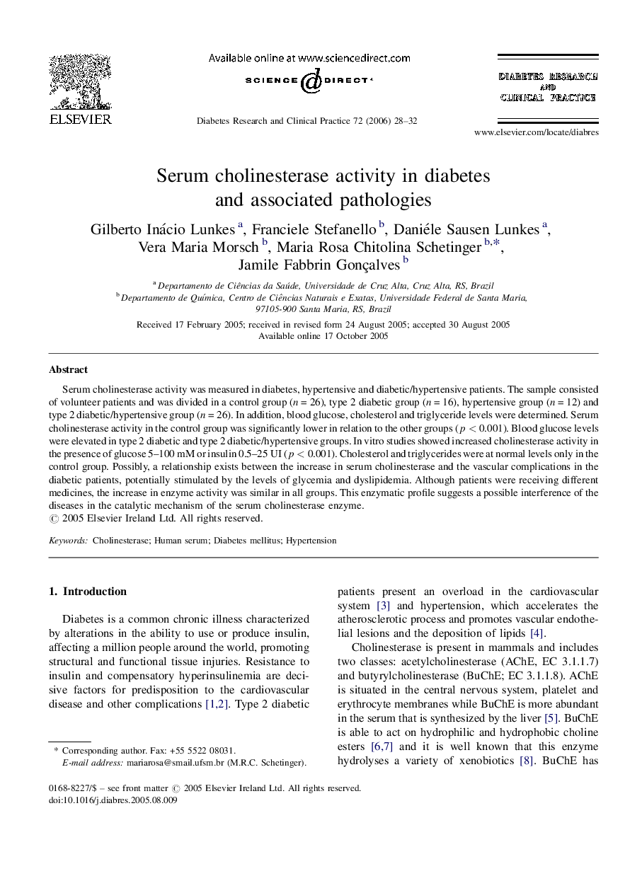 Serum cholinesterase activity in diabetes and associated pathologies