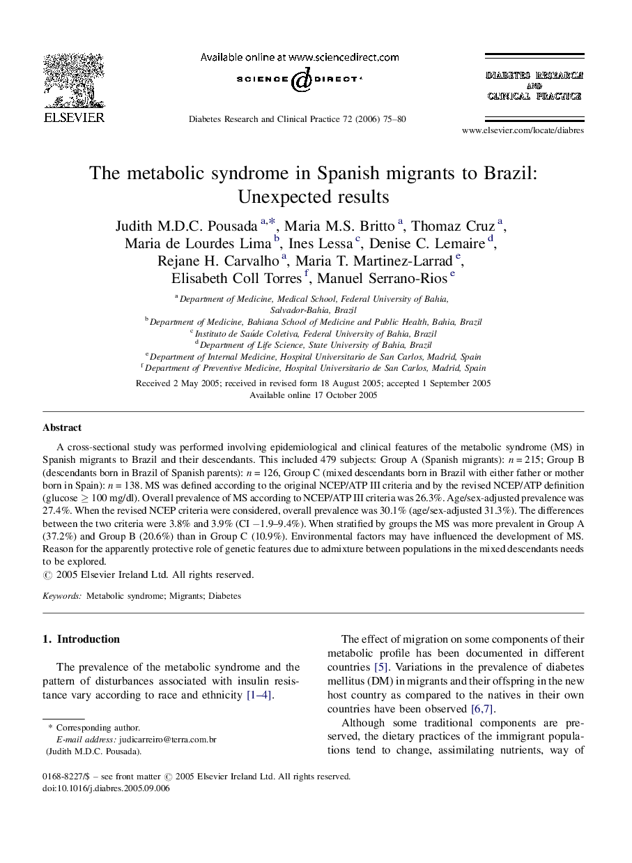 The metabolic syndrome in Spanish migrants to Brazil: Unexpected results